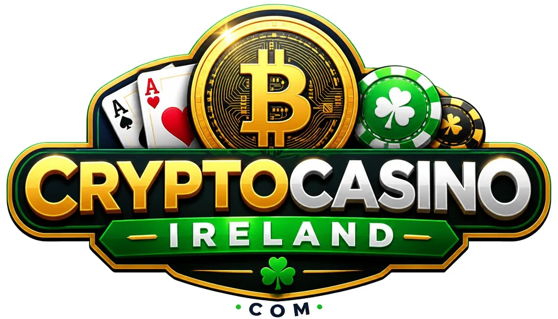 Illustration: a gold bitcoin between playing cards and green shamrock chips above the words Crypto Casino Ireland