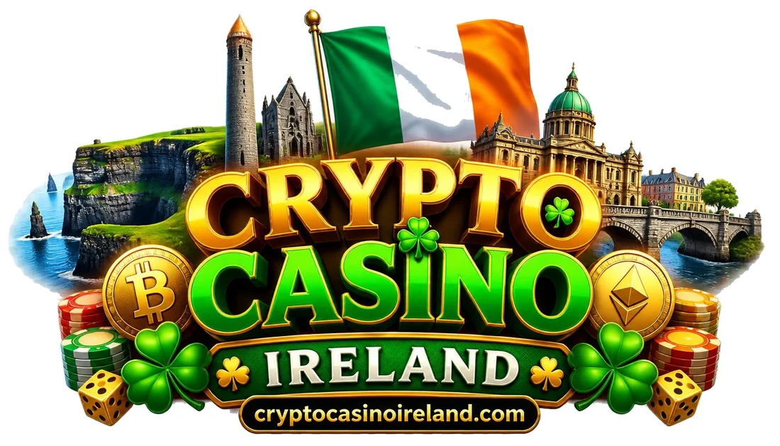 Illustration: the words Crypto Casino Ireland with the tricolour, a round tower, the Cliffs of Moher, a stone bridge, coins, chips and shamrocks