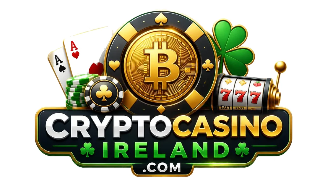 Illustration: a bitcoin chip, a slot reel showing 777, cards and a shamrock above the words Crypto Casino Ireland