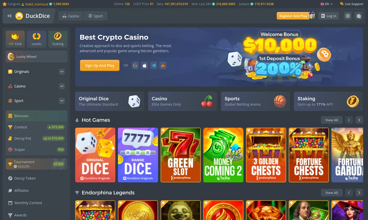 The DuckDice home page as served to a European connection